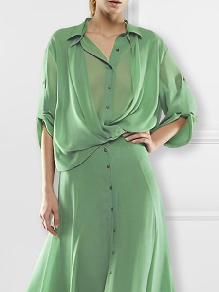 

Loose Casual Shirt Collar Plain Blouse, Green, Blouses and Shirts