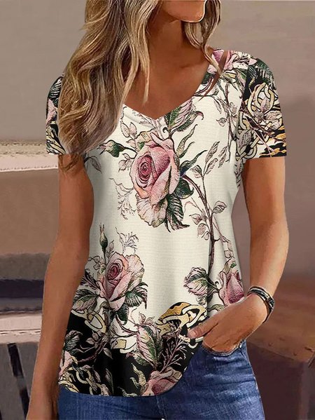 

Floral Knitted Loose Casual T-Shirt, Apricot, T-Shirts