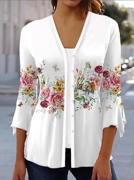 

Floral Casual V Neck Knitted Kimono, White, Cardigans