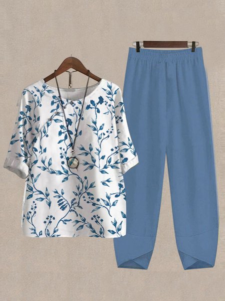 

Casual Floral Cotton And Linen V Neck Two-Piece Set, Blue, Suit Set