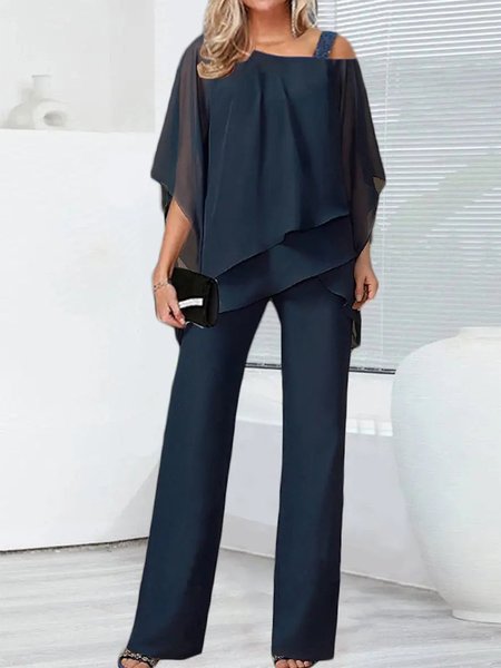 

Chiffon Loose Casual One Shoulder Two-Piece Set, Dark blue, Suit Set