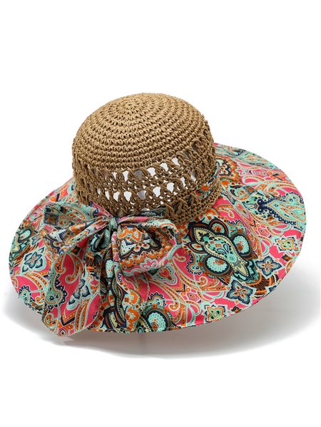 

Ethnic Paisley Pattern Bow Decorated Straw Hat Beach Vacation Anti-sunshine Women's Accessories, Red, Women Hats