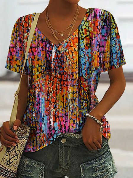 

Country Casual/Abstract Painted Design Knit T-Shirt, Orange, T-Shirts