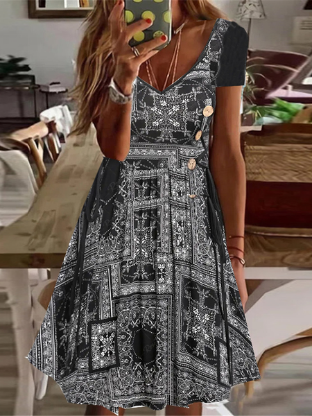 

Casual Ethnic Buckle V Neck Dress, Black, Dresses