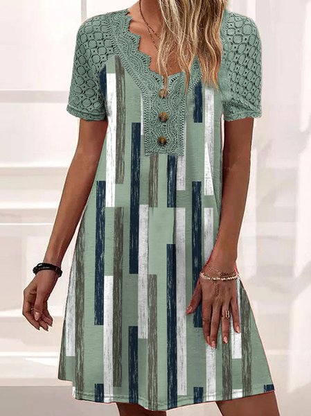 

V neck Loose Casual Lace Geometric Dress, Green, Dresses