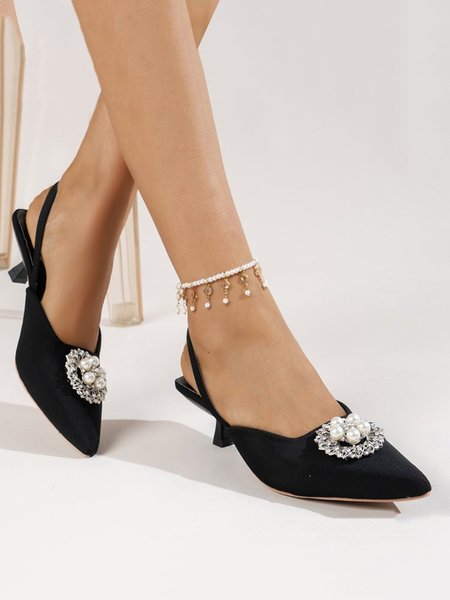 

Elegant Rhinestone Imitation Pearl Kitten Heel Slingback Pumps, Black, Flats