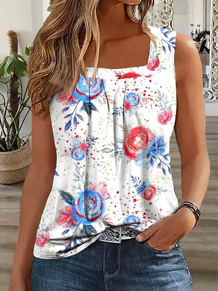 Women's Casual Floral Independence Day Tank Top, Blue, Tank Tops