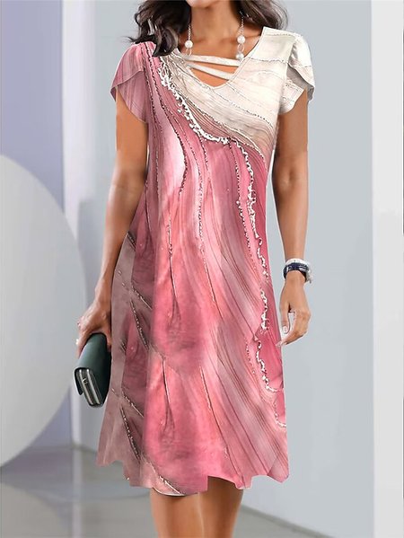 

V Neck Casual Gradient Pattern Dress, Pink, Midi