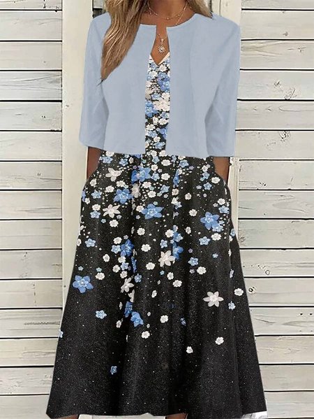 

Elegant Floral V Neck Loose Two-Piece Set, Black, Suit Set