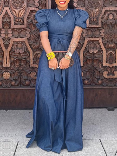 

Vacation Plain Crew Neck Faux Denim Dress With Belt, Blue, Maxi Dresses