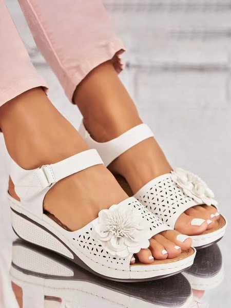 

Retro casual three-dimensional flower hollow breathable wedge sandals, White, Sandals & Slippers