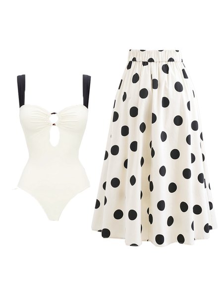 

Vacation Polka Dots Notched One Piece With Cover Up, White, Swimsuit with Coverups