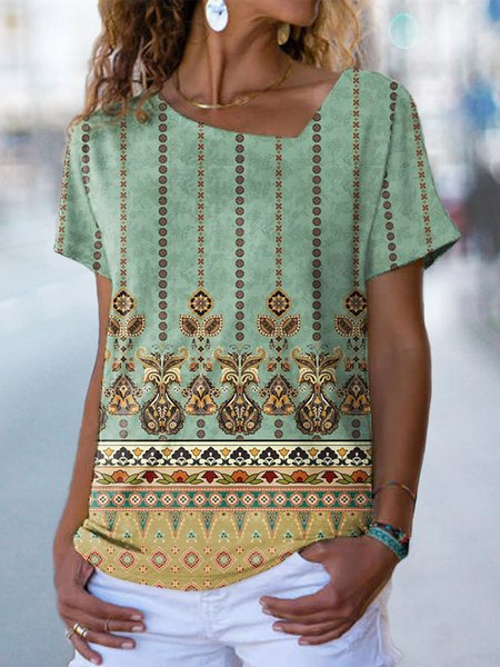 

Loose Casual Asymmetrical Ethnic T-Shirt, Green, T-Shirts