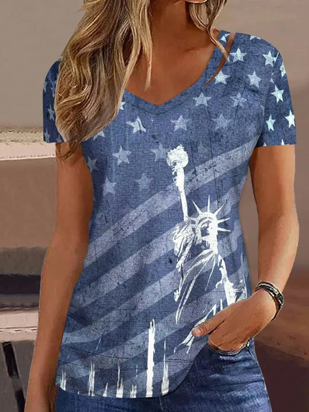 

Flag Loose Casual V Neck Shirt, Blue, Shirts & Blouses