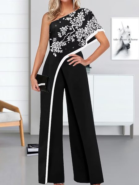 

Elegant Loose One Shoulder Floral Jumpsuit, Black, Jumpsuits＆Rompers