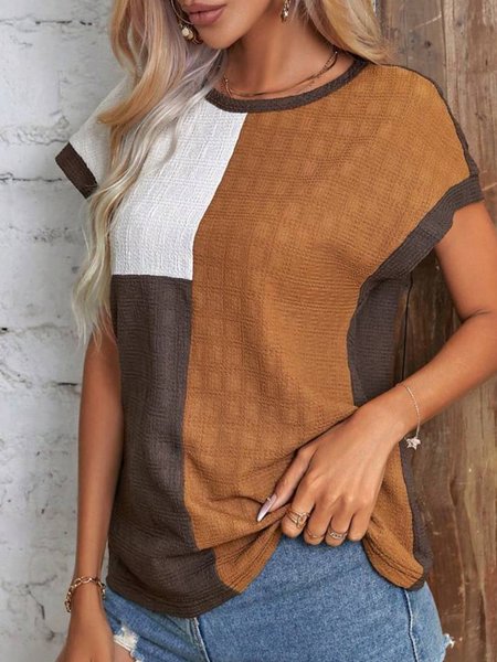 

Casual Loose Crew Neck Colorblock Batwing Sleeve Contrast Binding Blouse, Brown, T-Shirts
