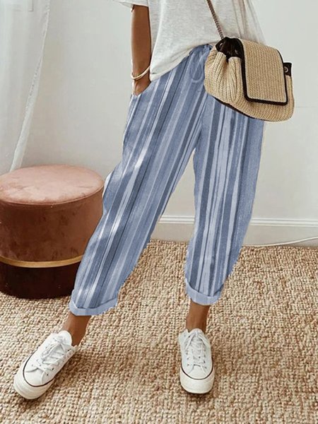 

JFN Striped Casual Pockets Loose Elastic Waist Pants, Blue, Pants
