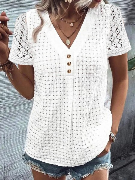 

Casual Lace V Neck Plain Shirt, White, Shirts & Blouses