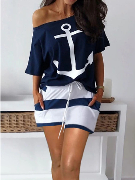 

Cold Shoulder Casual Two-Piece Set With No Belt, Blue, Suit Set