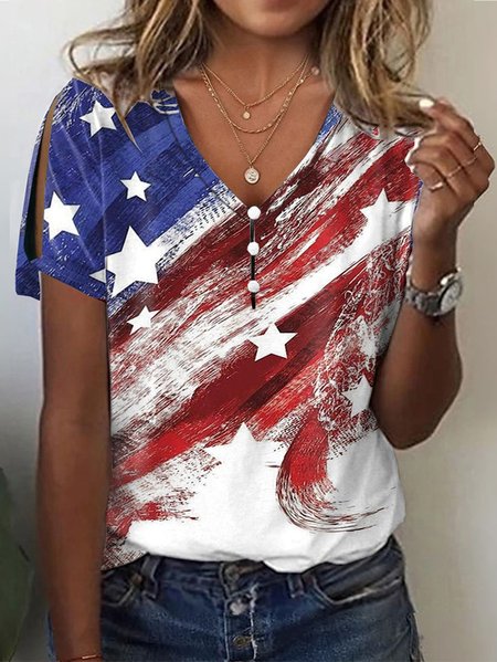 

America Flag Casual Loose V Neck Shirt, Red, Shirts & Blouses
