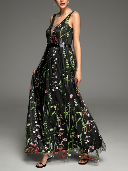 

Elegant V Neck Floral Wedding Guest Dress, Black, Maxi Dresses