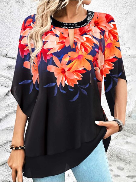 

Floral Loose Casual Crew Neck Shirt, Black, Shirts & Blouses