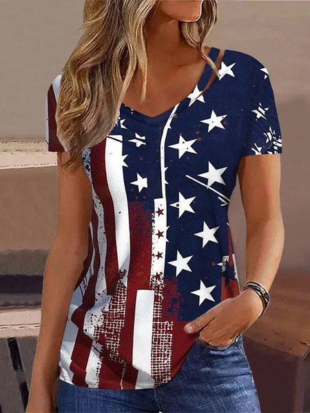 

Country Casual/Independence Day Design Knit T-Shirt, Red, Shirts & Blouses