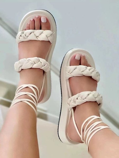 

Woven Straps Ankle Straps Platform Sandals, Beige, Sandals