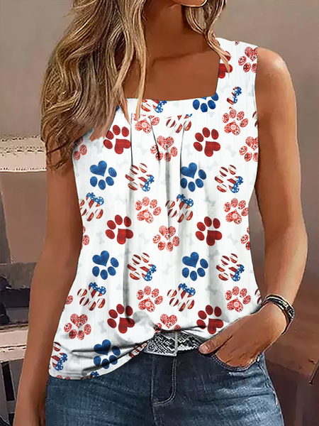 

Women's Cute Dog America Flag Casual Tank Top, White, Tank Tops
