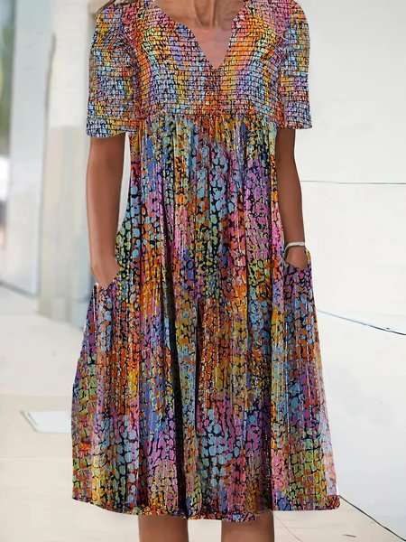 

Casual Loose V Neck Gradient Pattern Dress, Red-blue, Dresses