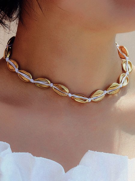 

Beach Vacation Metal Shell Woven Necklace Choker Boho Women's Accessories, Golden, Necklaces