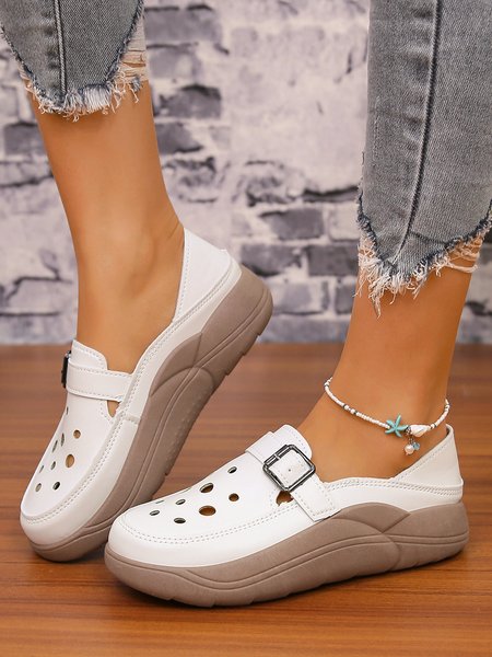 

Breathable Hollow out Vintage Buckle Slip On Shoes, Off white, Flats