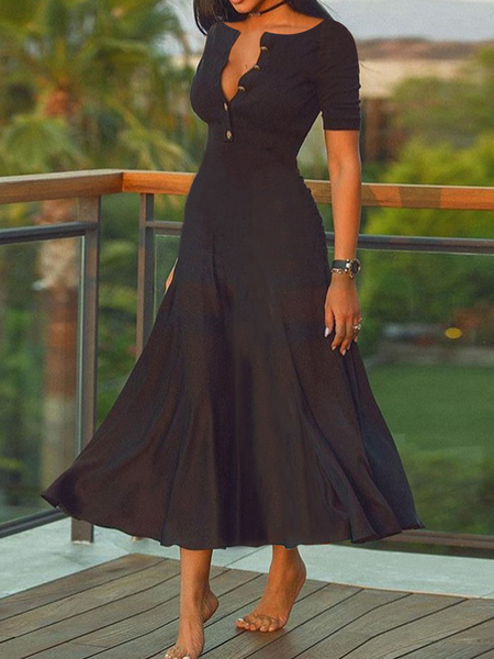 

High Elasticity Crew Neck Short sleeve Elegant Midi Dress, Black, Midi Dresses