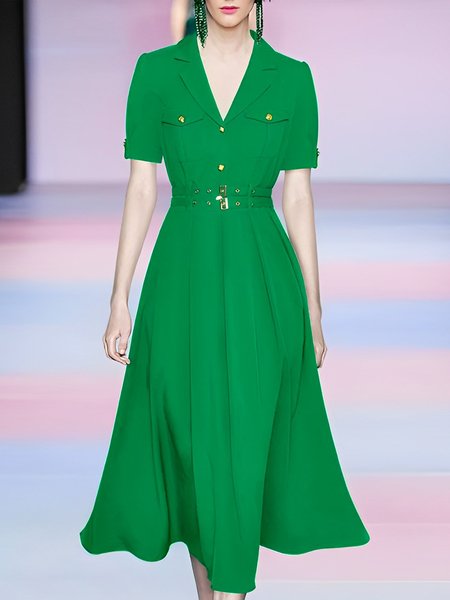 

Elegant Plain V Neck Regular Fit Dress With Belt, Green, Midi Dresses