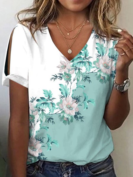 

V Neck Loose Casual Floral T-Shirt, Green, T-Shirts