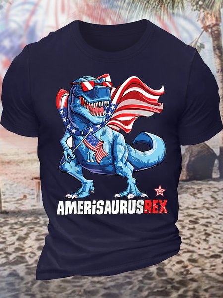 

Men's Funny Dinosaur Graphic Printing 4th Of July Loose Casual America Flag Independence Day Crew Neck T-Shirt, Purplish blue, T-shirts