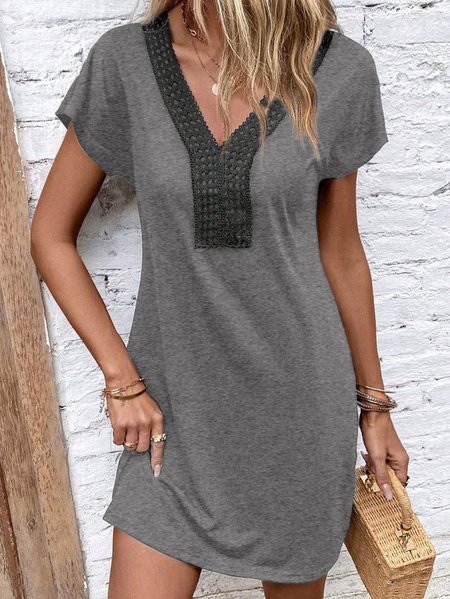

Casual Color Block V Neck Lace Dress, Black-grey, Dresses