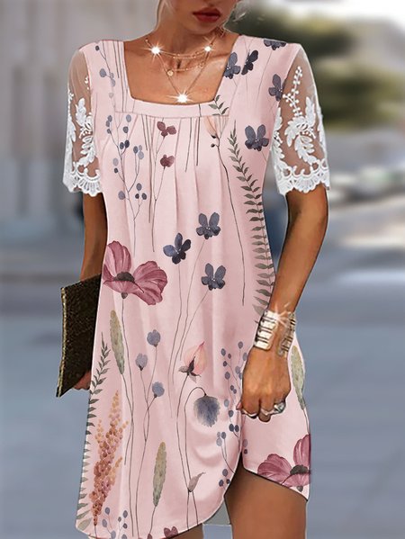 Square Neck Lace Casual Floral Loose Dress, Pink, Dresses