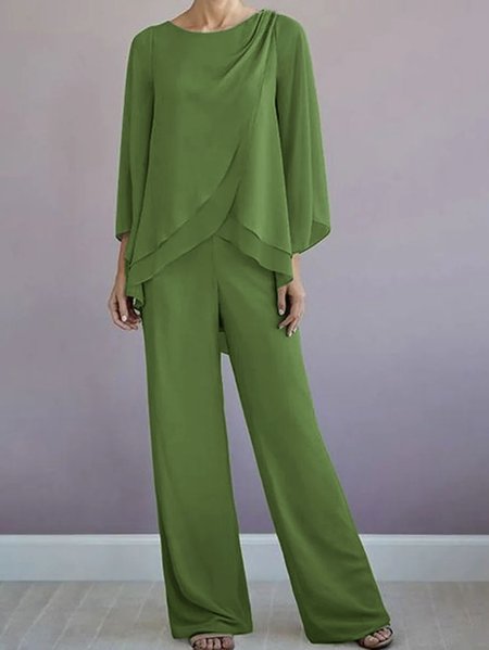 

Loose Chiffon Crew Neck Elegant Two-Piece Set, Army green, Suit Set