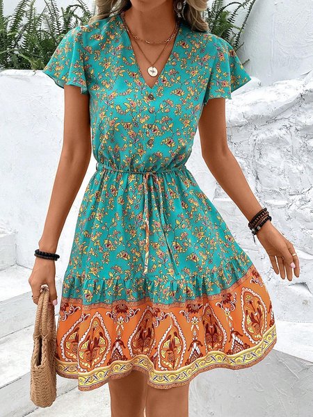 

Floral Print Butterfly Sleeve Ruffle Hem Dress, Green, Dresses