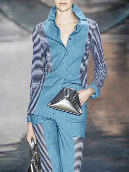 

Striped Regular Fit Shirt Collar Urban Blouse, Blue, Blouses and Shirts