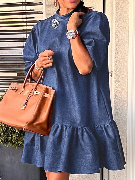 

Plain Loose Urban Faux Denim Mini Dress With Brooch, Blue, Mini Dresses