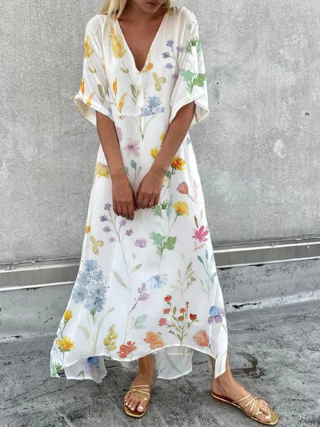 

Floral V Neck Casual Cotton-Blend Dress, White, Dresses