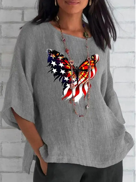 

Linen Loose Crew Neck Linen Shirt, Gray, Shirts & Blouses