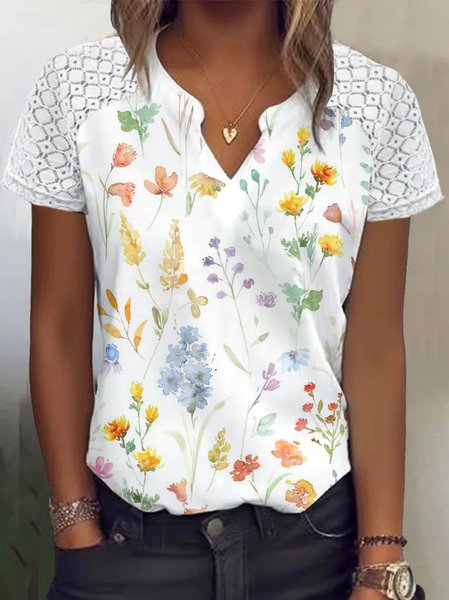 

Loose Stand Collar Floral Casual Lace Blouse, White, Blouses