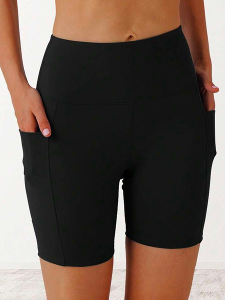 

Casual Tight Wide Waistband Phone Pocket Side Biker Shorts, Black, Shorts