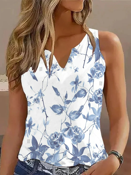

Casual Floral V Neck Tank Top, White, Tanks & Camis