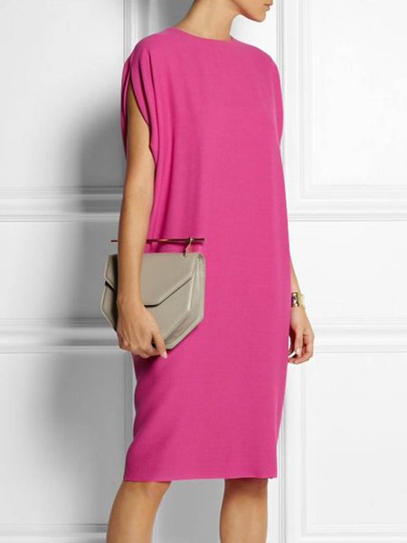 

Plain Urban Loose Crew Neck Dress, Rose red, Midi Dresses