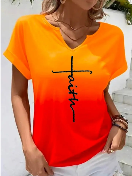 

Faith Casual V Neck Ombre Loose T-Shirt, Orange, T-Shirts