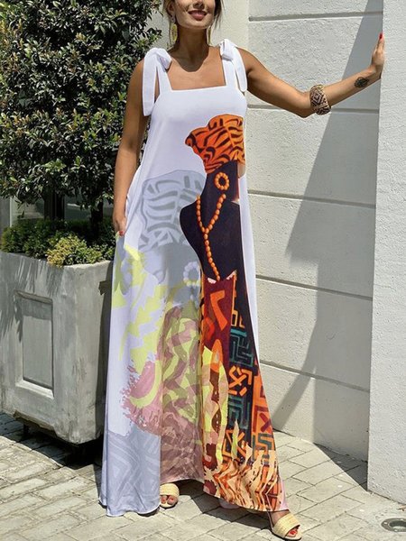 

Vacation Regular Fit Figure Square Neck Dress, White, Maxi Dresses